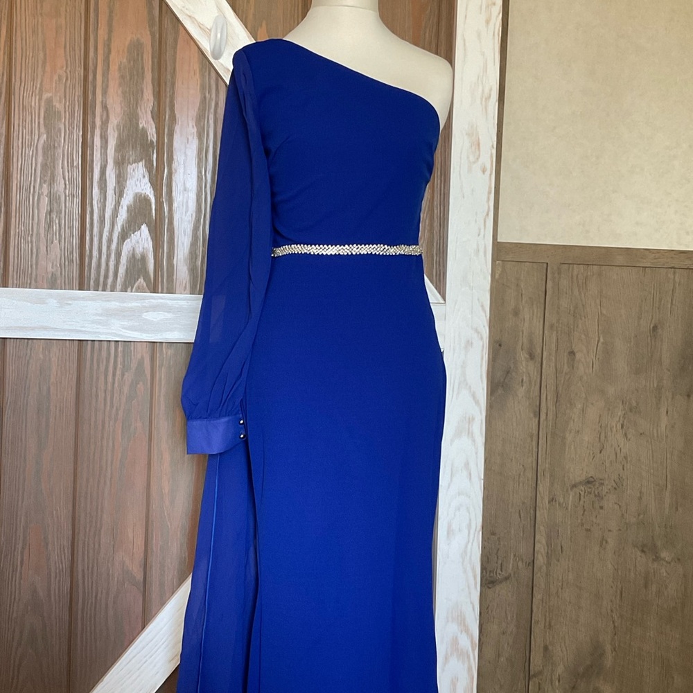 Faeriesty Elegant One-Shoulder Royal Blue Dress P2P 17”. Size Small - Picture 2 of 9